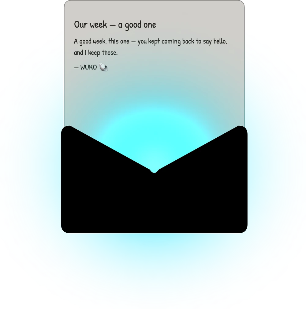 A weekly note from WUKO in its open envelope: “Our week — a good one.”