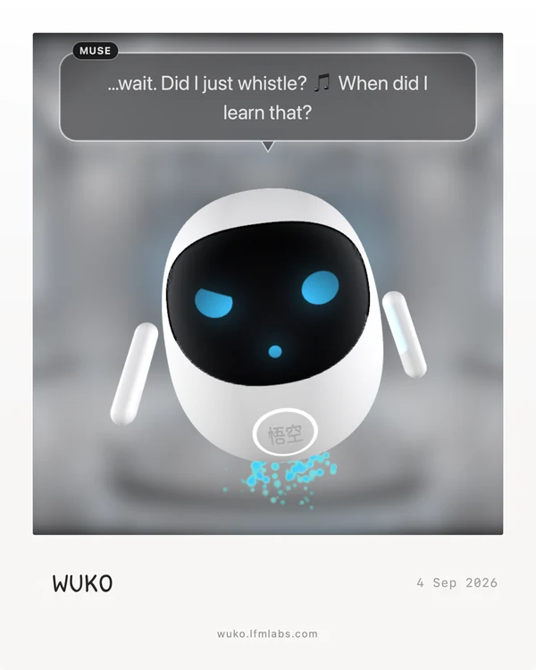 A Moment WUKO kept: a polaroid of himself mid-thought — “…wait. Did I just whistle? When did I learn that?”